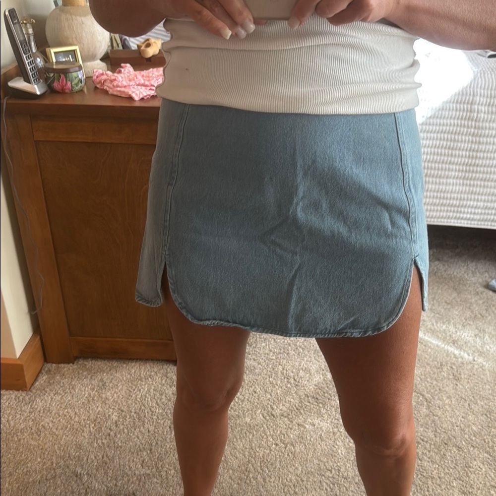 Lumiere Light Blue Denim Mini Skirt with Rounded Hem and Side Slits
